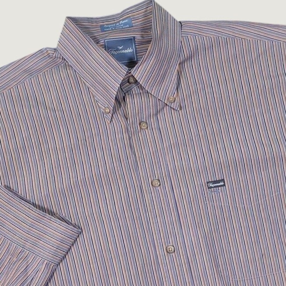 Faconnable Mens Large Blue Brown Striped Long Sleeve Button Down Cotton Shirt